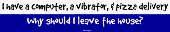 I have a computer, a vibrator, & pizza delivery Why should I leave the house? Bumper Categories