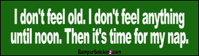 I don't feel old. I don't feel anything until noon. Then it's time for my nap - funny bumper stickers (Medium 10x2.8 in.) Bumper Stickers BumperSnickerz SCH10115_M.pdf