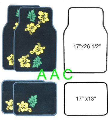 A Set of 4 Universal Fit Plush Hawaiian Hibiscus Floral Carpet Floor Mats for Cars / Truck - Navy Floor Mats with Yellow Hibiscus Universal Fit YS FM23HNY