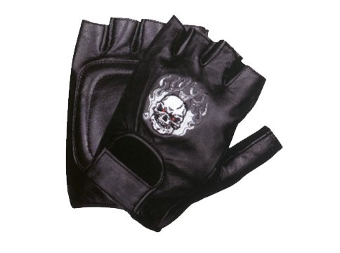 Xelement XG351 Mens Black Fire Skull Leather Fingerless Gloves - Large Gloves Xelement 47645