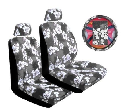 - Grey Universal-fit Hawaiian Hibiscus Floral Print Low Back Front Bucket Seat Cover with Separate Headrest Cover, Steering Wheel Cover and Shoulder Seat Belt Pads Combo Accessories LA Auto Gear SC29H2GY+WS02H2GY