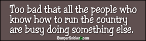Too bad that everyone who knows how to run the country is busy doing something else - funny stickers (Small 5 x 1.4 in.) Decals BumperSnickerz POL10031_S.pdf
