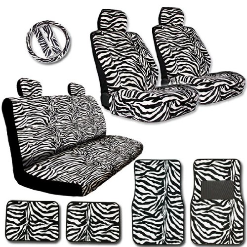 New YupBizauto Brand 15 Pieces Yupbizauto Brand Premium Grade Zebra Print Low Back Front Car Seat, Rear Bench Cover with Head Rest Cover and 4 Pieces Floor Mats Set Accessories YupbizAuto CA-SF-001-1