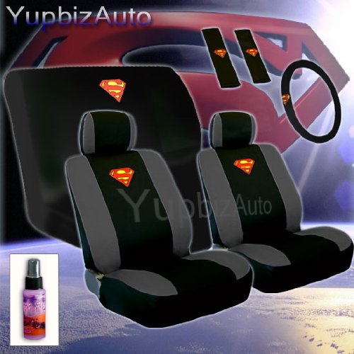 Auto Interior Gift Set - Complete Superman Classic Red and Yellow Shield Front Low Back Bucket Seat Covers Read Bench Seat Cover Set Accessories Yupbizauto CA-SM-006