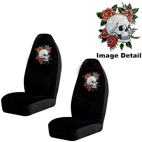 White Crystal Happy Skull w/ Red Roses Gem Crystals Studded Rhinestone Bucket Seat Covers - Pair Accessories LA Auto Gear SC1087