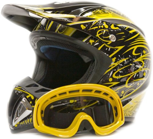 Adult Offroad Helmet & Goggles Gear Combo DOT Motocross ATV Dirt Bike MX Black Yellow Splatter ( L large ) Helmets Typhoon Helmets K27YEL238GOGCOL