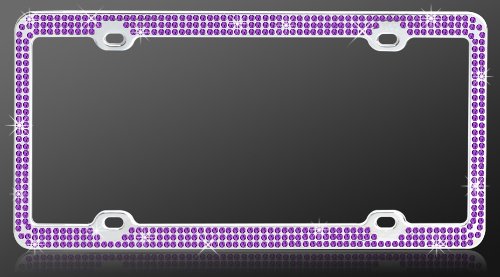 Chrome Metal Car License Plate Frame with Triple Row Purple Crystals Frames 2C005