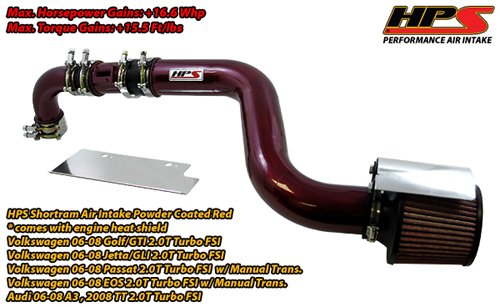 Audi 08 TT 2.0T Turbo FSI HPS Short ram Air Intake Kit Powder Coated Red Ram Air Kit HPS HPS-27-125R-KN