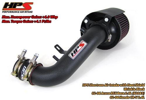 02-06 Acura RSX Base - HPS Wrinkle Black Short Ram Air Intake Kit + Heat Shield 03 04 05 Ram Air Kit HPS HPS-27-147WB-KN