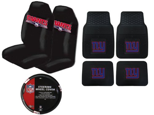 A Set of 4 NFL Universal Fit Front All-Weather Floor Mats and A Set of 2 Universal Fit Seat Covers and 1 Steering Wheel Cover - New York Giants Automobilia FM03N2+FM04N2+SC12NX2+WC05NGIANTS