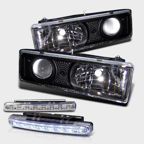 88-98 Chevrolet C-10 Projector Head Lights Lamps Pair Brand New + 8 LED Bumper Fog Headlight Assemblies AUTOVISIONPRO PRO-YD-CCK88-BK+CBL-DRL-8LED-C