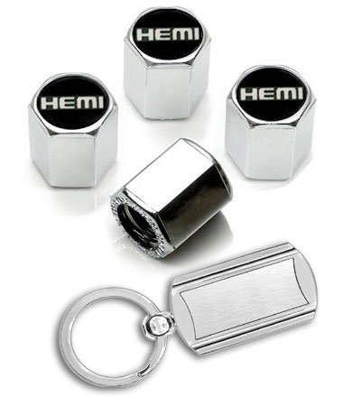 Dodge HEMI Black Logo Chrome Valve Stem Caps with Key Chain Frames Gregs Automotive LLC LC132