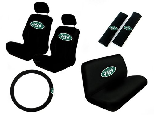 11 Piece NFL Auto Interior Gift Set - New York Jets - A Set of 2 Seat Covers, 1 Rear Bench Cover, 1 Steering Wheel, and A Set of 2 Seat Belt Pads Automobilia A P Products SC33LNJETS