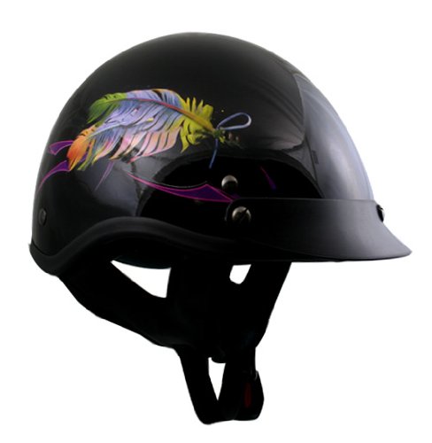 Outlaw Gloss Black with Floating Feather Half Helmet - XS Helmets Outlaw x213-gloss-feather-XS