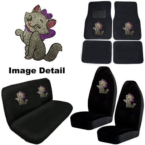 White Cute Kitty w/ Purple Bow Gem Crystal Studded Rhinestone Bling Car Truck SUV Floor Mats Bucket & Bench Seat Covers - Combo Kit Gift Set - 8PC Floor Mats LA Auto Gear PUSSYCAT8