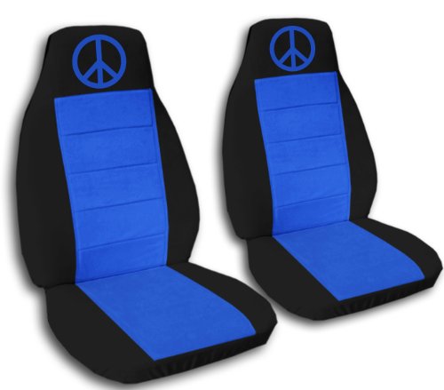 Complete set of Black and Medium Blue Peace seat covers for a Jeep Wrangler TJ (1997-2006). Accessories Designcovers JEEP-TJ