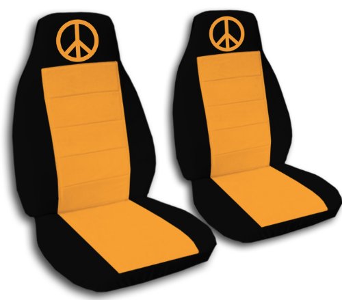 Complete set of Black and Orange Peace seat covers for a Jeep Wrangler TJ (1997-2006). Accessories Designcovers JEEP-TJ