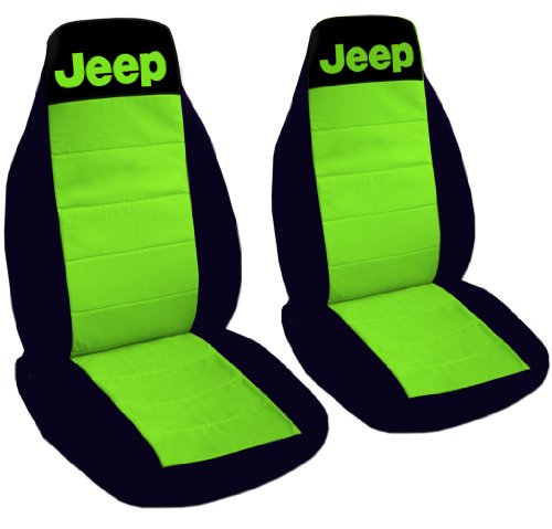 Complete set of Black and Lime Green JEEP seat covers for a Jeep Wrangler TJ (1997-2006). Accessories Designcovers JEEP-TJ