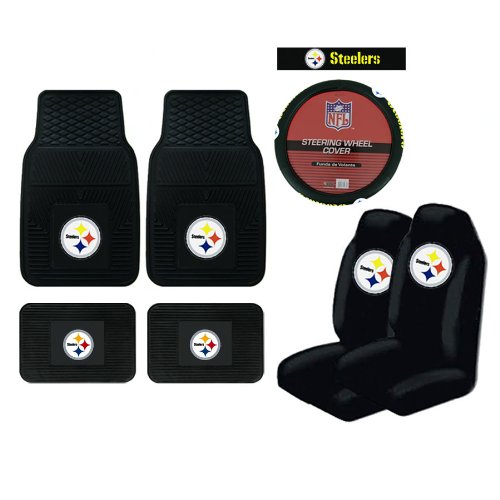 A Set of 4 Universal-Fit NFL All Weather Vinyl Floor Mats, 2 Front Universal Fit Bucket Style Seat Covers, and a Comfort Grip Steering Wheel Cover - Pittsburgh Steelers Automobilia MULTI_B FM03N2+FM04N2X2+SC12NX2+WC02NSTEELERS