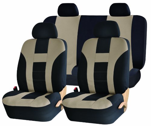 Universal Full Set of Car Seat Covers - Double Stitched Racing Style - Black and Beige Uaa003 Accessories UNIQUE AUTOMOTIVE ACCESSORIES UAA003 beige+black