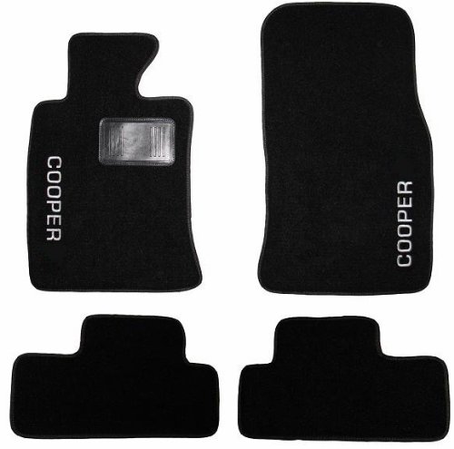 2007 - 2012 Mini Cooper OEM *BLACK* Floor Carpet Mats Matting (Two Piece Front and Two Piece Rear Mats) with COOPER Embroidery Monogram - comes with driver side protective heel pad Custom Fit AAA Communications 2761-B