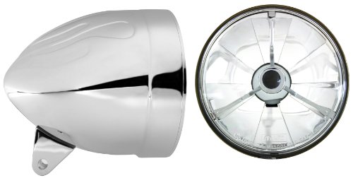 Adjure HB54010-74 5-3/4 Flamed Chrome Ventura Highway Design Motorcycle Headlight Bucket Combo with Pie Cut Black Dot Tri-Bar Headlamp (Part No: T50704) Headlight Bulbs & Assemblies Adjure HB54010-74