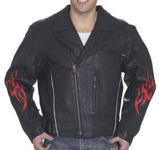 Men's Leather Motorcycle Jacket with Flames & Zip Out Lining Jackets & Vests Billys Biker Gear MJ781-56