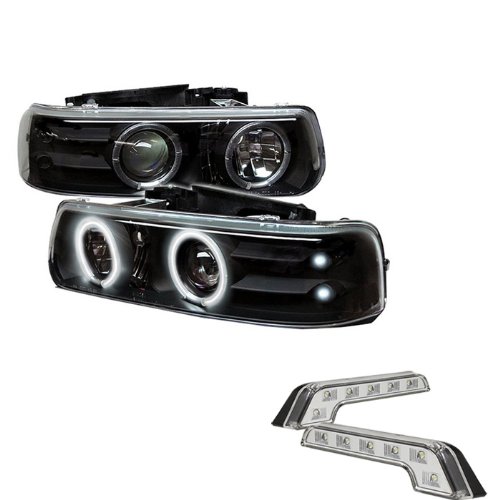 Carpart4u Chevy Silverado 1500/2500/3500 / Chevy Suburban 1500/2500 / Chevy Tahoe CCFL LED Black Projector Headlights and LED Day Time Running Light Package Headlight Assemblies Carpart4u CP4-PD-CS99-CCFL-BK+LBENZ-C