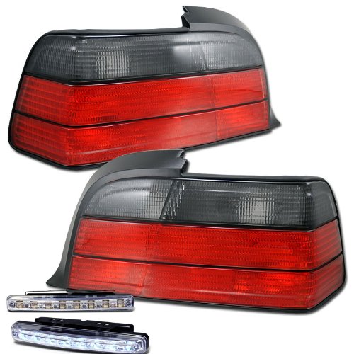 1992-1998 BMW 3-SERIES E36 REAR BRAKE TAIL LIGHT RED/SMOKED+LED BUMPER RUNNING Brake & Tail Light Assemblies Aftermarket Auto Parts 03-B39298TLR2DSM+CBL-DRL-8LED-C