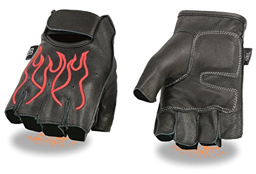 Men's Flame Embroidered Fingerless Leather Gloves (XXX-Large, Red Flame) Gloves FI166GEL-RED-3XL