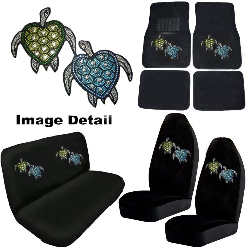 Blue & Green Turtles w/ Stars & Hearts Gem Crystal Studded Rhinestone Bling Car Truck SUV Floor Mats Bucket & Bench Seat Covers - Combo Kit Gift Set - 8PC Accessories LA Auto Gear TURTLE8