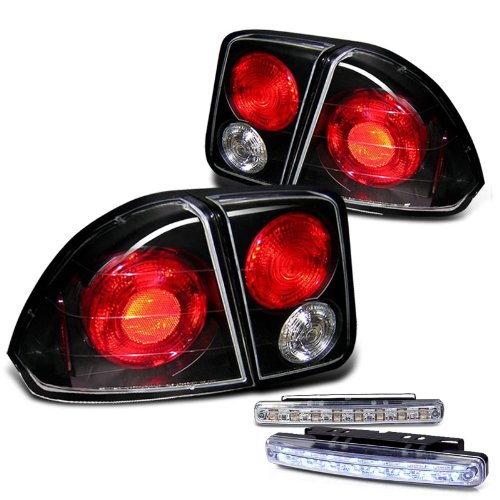 Rxmotoring 2001-2005 Honda Civic Tail Light Sedan + 8 Led Bumper Fog Lamps Tail Lights RXMOTOR ALT-YD-HC01-4D-BK+CBL-DRL-8LED-C