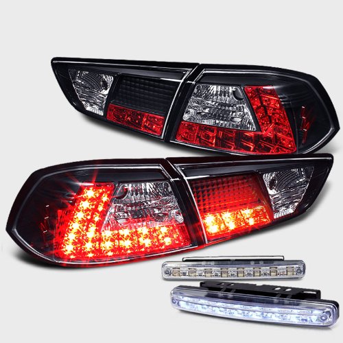 Rxmotoring 2008-2010 Mitsubishi Lancer Tail Lights + 8 Led Fog Bumper Lamps Tail Lights RXMOTOR ALT-YD-MITEVO1008-LED-BK+CBL-DRL-8LED-C