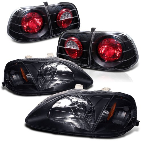 Rxmotoring 1999-2000 Honda Civic Headlight Sedan + Tail Lights Brake Lamps Headlight Bulbs RXMOTOR HD-JH-HC99-AM-BK-ALT-YD-HC99-4D-BK