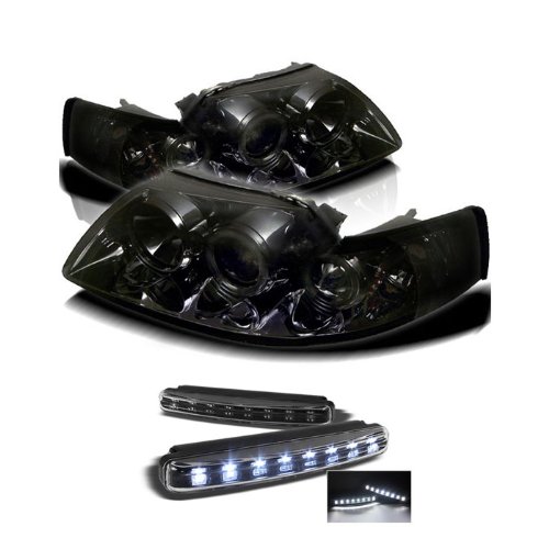Ford Mustang Halo Smoke Projector Headlights Headlight Assemblies Carpart4u PRO-YD-FM99-1PC-AM-SMC+8LED-BK