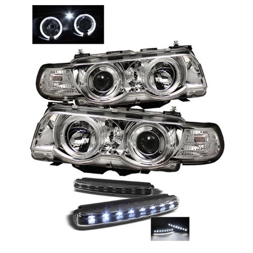 BMW E38 7-Series 1PC Halo Chrome Projector Headlights Headlight Assemblies Carpart4u PRO-YD-BMWE3899-HL-C+8LED-BK