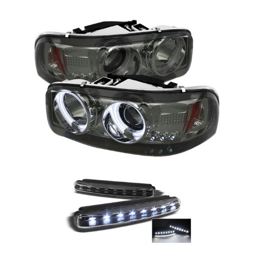 GMC Sierra 1500/2500/3500 / GMC Sierra Denali / GMC Yukon/Yukon Denali/Yukon XL CCFL LED ( Replaceable LEDs ) Smoke Projector Headlights Headlight Assemblies Carpart4u PRO-YD-CDE00-CCFL-SM+8LED-BK