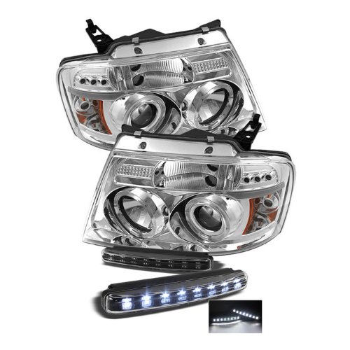 Ford F150 Version 2 Halo LED ( Replaceable LEDs ) Chrome Projector Headlights Headlight Assemblies Carpart4u PRO-YD-FF15004-HL-G2-C+8LED-BK