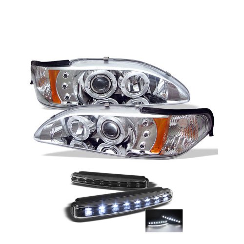 Ford Mustang 1PC Halo LED ( Replaceable LEDs ) Chrome Projector Headlights Headlight Assemblies Carpart4u PRO-YD-FM94-1PC-AM-C+8LED-BK