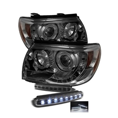 Toyota Tacoma Halo LED ( Replaceable LEDs ) Smoke Projector Headlights Headlight Assemblies Carpart4u PRO-YD-TT05-HL-SM+8LED-BK