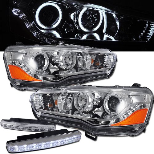 Mitsubishi Lancer Halo Headlights Projector + 8 Led Fog Bumper Light Headlight Bulbs RXMOTOR 02-AZ-ML08-PCC-RF-A+CBL-DRL-8LED-C