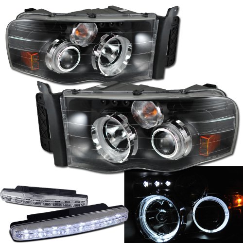 Dodge Ram 1500 2500 3500 Halo Headlights Projector + 8 Led Fog Bumper Light Headlight Bulbs RXMOTOR 02-AZ-DR02-PBC-RN-G2-A+CBL-DRL-8LED-C