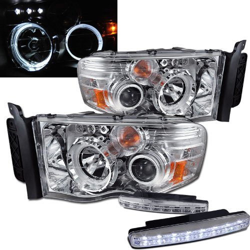 2004 Dodge Ram 1500 Halo Headlights Projector + 8 Led Fog Bumper Light Headlight Bulbs RXMOTOR 02-AZ-DR02-PCC-RN-G2-A+CBL-DRL-8LED-C
