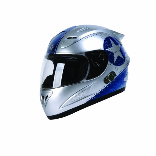 TORC T10B Prodigy Full Faced Helmet with Blinc 2.0 Stereo Bluetooth Technology and 'Fighter' Graphic (Silver, Small) Helmets TORC T10B-FT-SL-V2-S