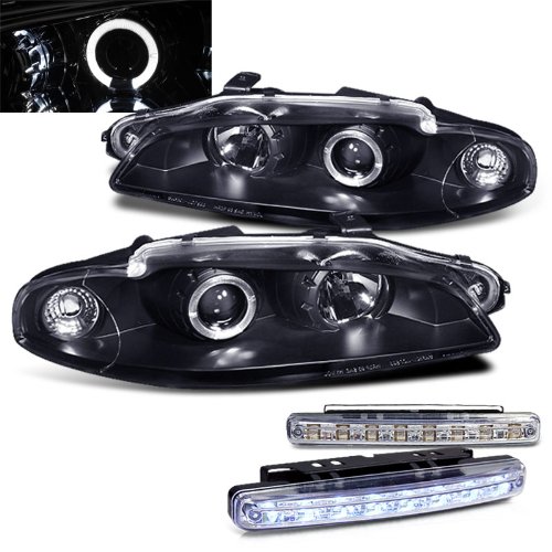 1997 MITSUBISHI ECLIPSE HALO HEADLIGHTS PROJECTOR HEAD LIGHTS + 8 LED FOG BUMPER Headlight Bulbs RXMOTOR PRO-YD-ME97-HL-BK+CBL-DRL-8LED-C