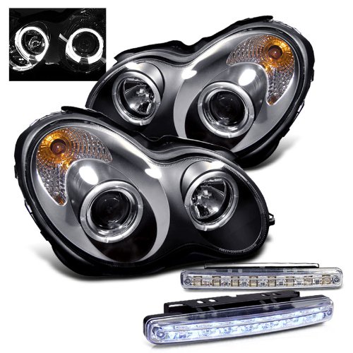 2001-2005 MERCEDES BENZ W203 C-CLASS HALO HEADLIGHTS PROJECTOR + 8 LED BUMPER Headlight Bulbs RXMOTOR PRO-YD-MBW203-HL-BK+CBL-DRL-8LED-C