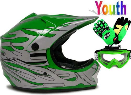 Helmets TMS &JX-F601-1-GreenFlame+AS10-G+GLOVES-TMS-YOUTH-G