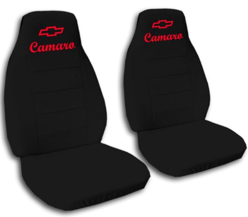 Front and Rear, Black Camaro in red seat covers for a 2012 Chevrolet Camaro Accessories Designcovers CEH-CAM-12