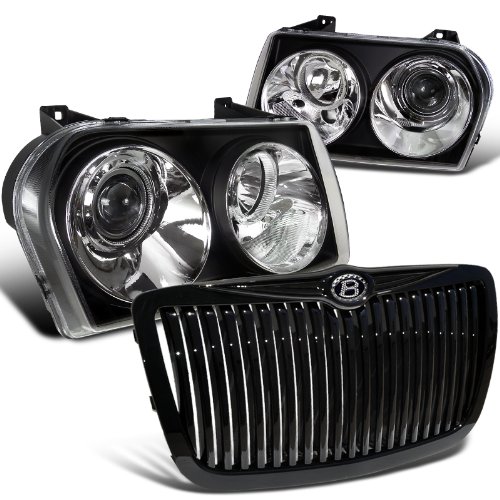 Chrysler 300 Blk Projector Headlights, Vertical Front Grill, Bling B Emblem Bulbs Spec-D Tuning HGLHP-30005JMV-TMBB