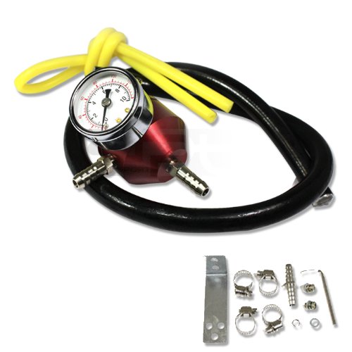 DPT, DPT-FPR-H-RD, Red Aluminum Adjustable Fuel Pressure Regulator 0 to 140 PSI with Gauge and Hoses Kit Fuel Pressure DPT DPT-FPR-H-RD